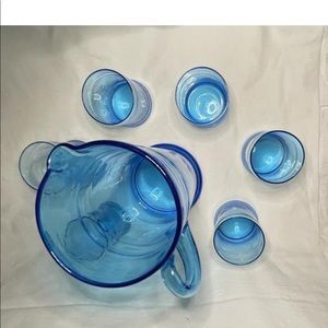 Blue Glass Vtg Pitcher with 5 glasses.